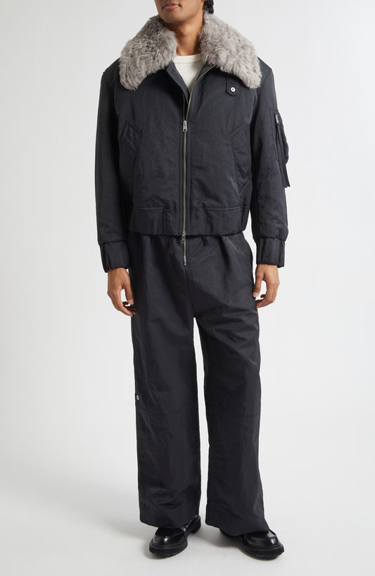 Padded Water Repellent Bomber Jacket with Detachable Genuine Shearling Collar