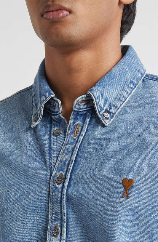 Ami De Coeur Embroidered Cotton Denim Button-Down Shirt