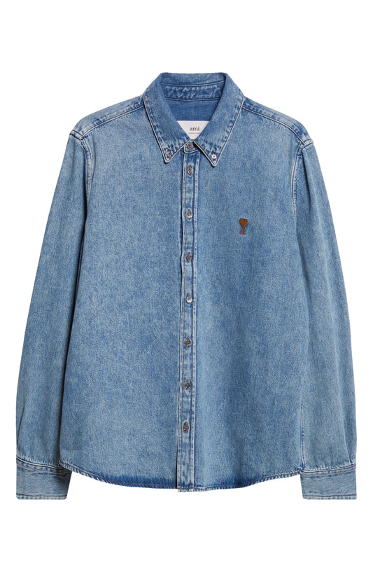 Ami De Coeur Embroidered Cotton Denim Button-Down Shirt