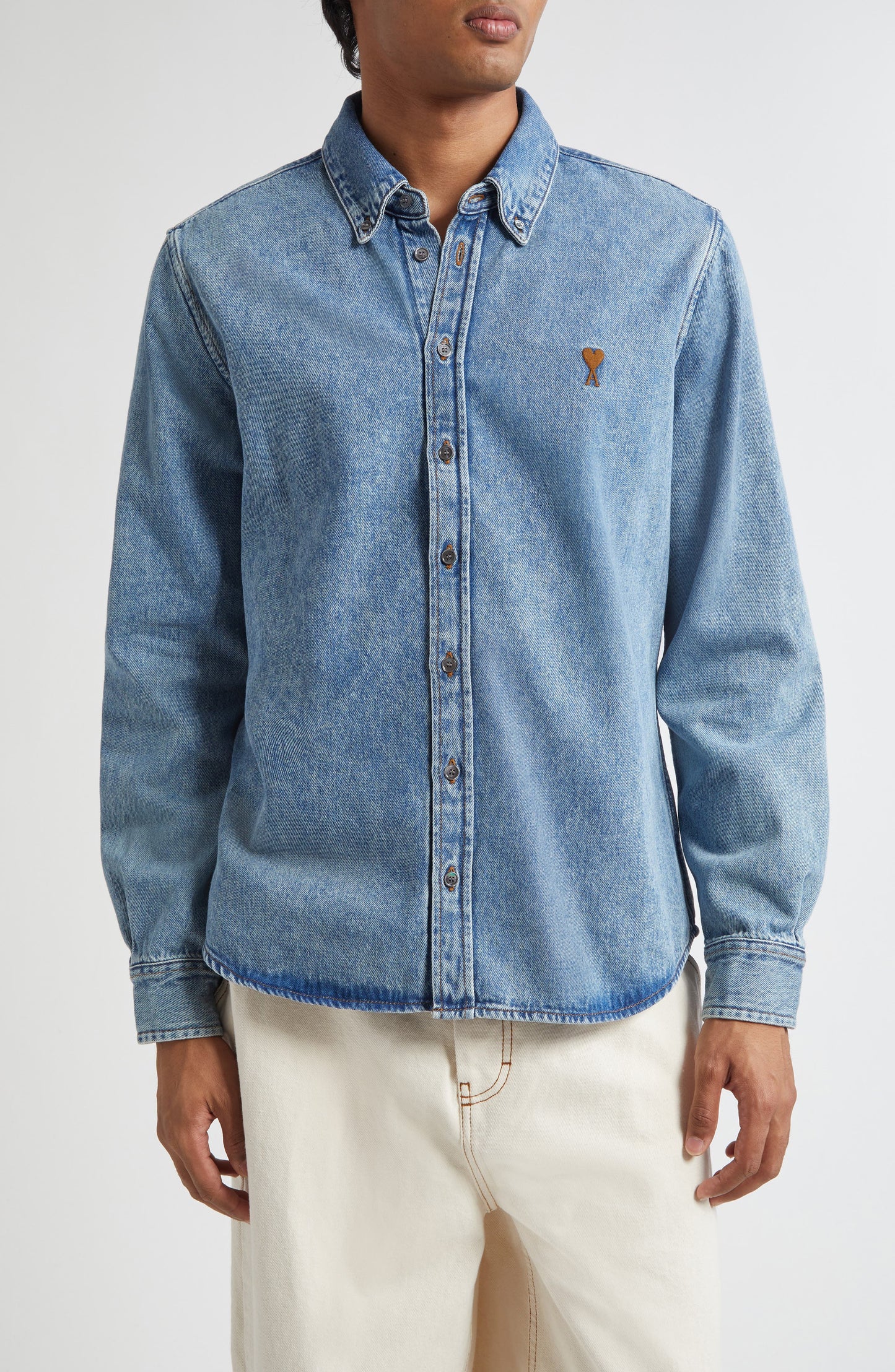 Ami De Coeur Embroidered Cotton Denim Button-Down Shirt