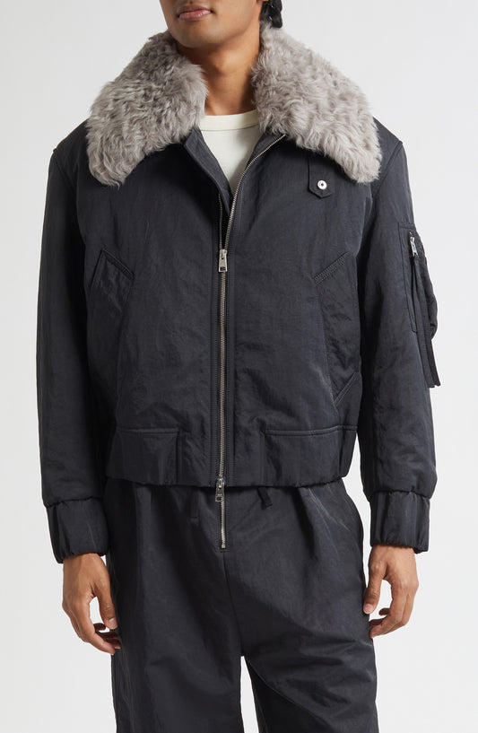 Padded Water Repellent Bomber Jacket with Detachable Genuine Shearling Collar
